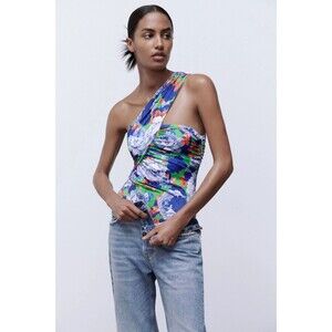 Zara Small One Shoulder Floral Asymmetric Bodysuit Blue Green Ruched Sleeveless